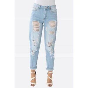 FIRE LOS ANGELES * BLUE ACID WASH BOYFRIEND DISTRESSED WOMEN'S JEANS 26 NWT